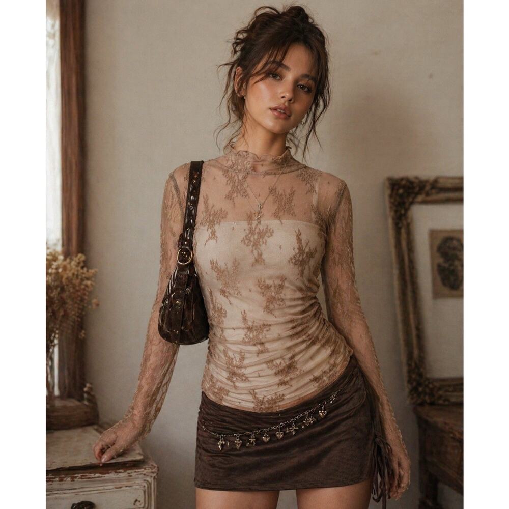 Floral Lace Mesh Top L Long Sleeve Sheer Y2K Coquette Free People style layering